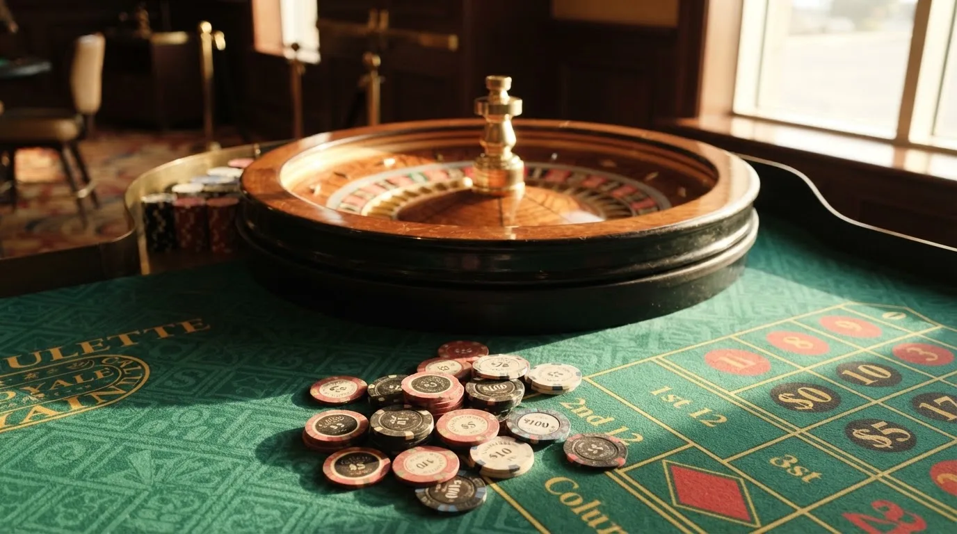 Roda de roleta e fichas sobre feltro verde, sob uma luz quente de fim de tarde — 1 euro casino em portugal