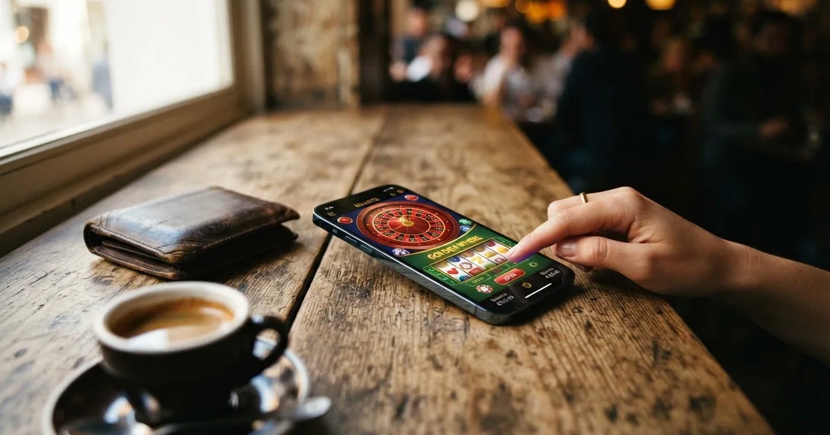 Telemóvel numa mesa de madeira ao lado de uma carteira e de uma chávena de café — 1 euro casino em portugal