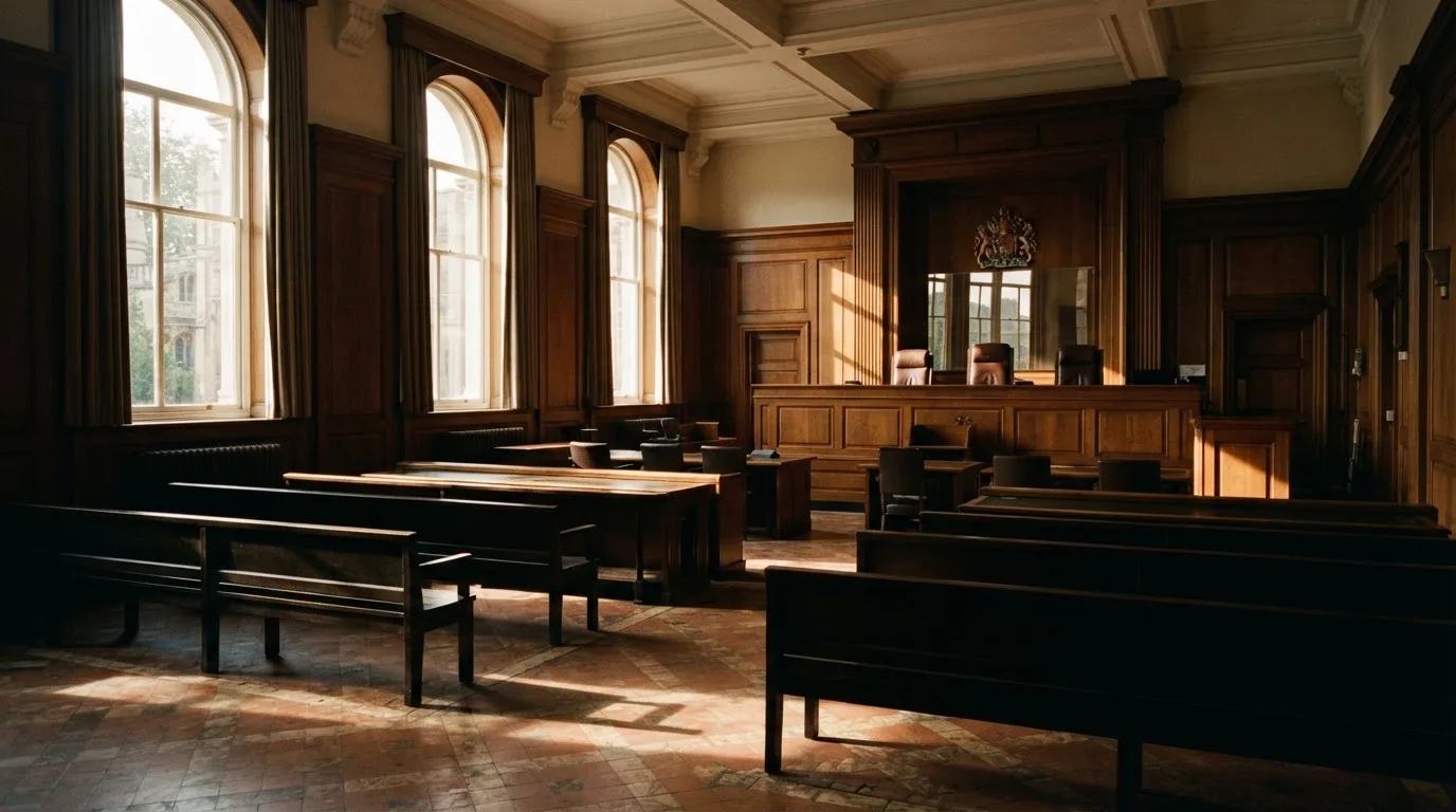 Sala de tribunal vazia com painéis de madeira, à luz da manhã — 10 euro casino em portugal