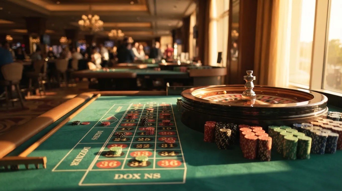 Roda de roleta e fichas sobre feltro verde, sob uma luz quente de fim de tarde — 10 euro casino em portugal