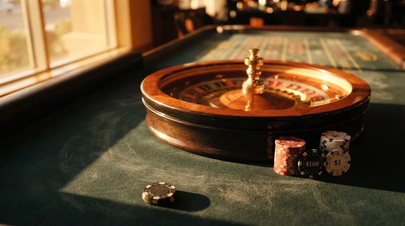 Roda de roleta e fichas sobre feltro verde, sob uma luz quente de fim de tarde — 20 euro casino em portugal