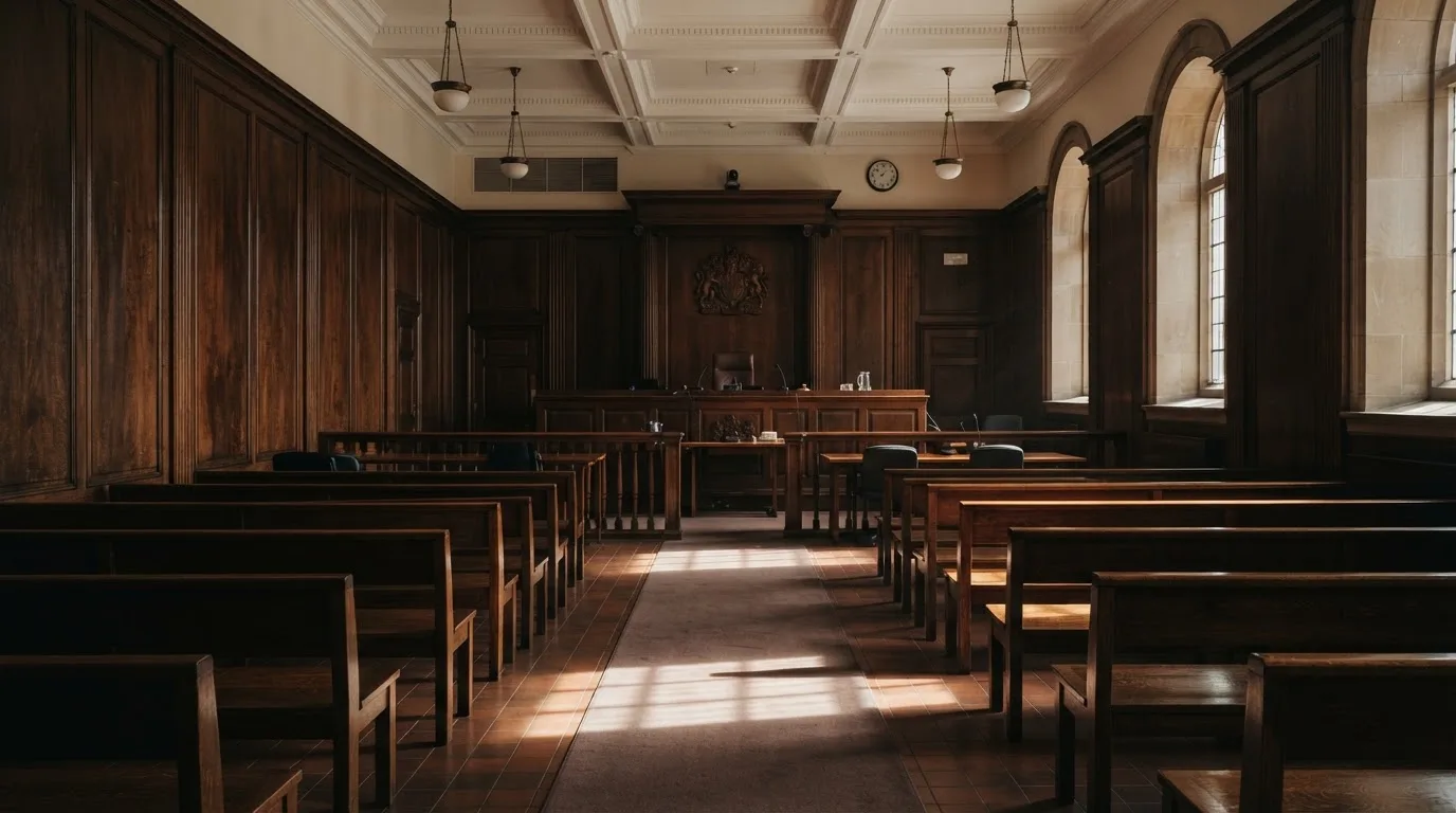 Sala de tribunal vazia com painéis de madeira, à luz da manhã — 5 euro casino em portugal