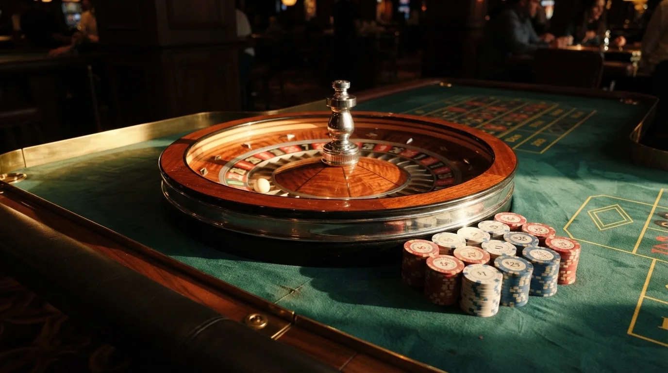 Roda de roleta e fichas sobre feltro verde, sob uma luz quente de fim de tarde — 5 euro casino em portugal