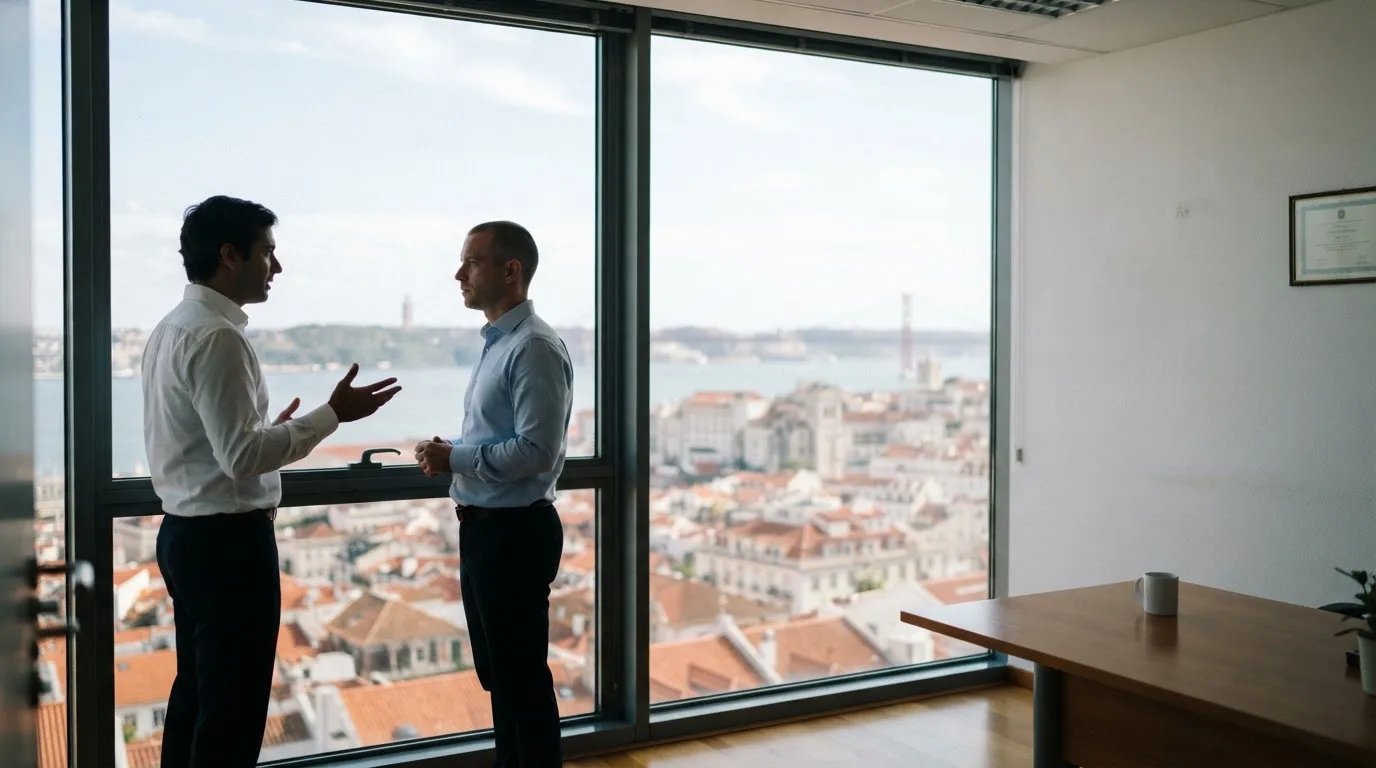 Duas pessoas de camisa a conversar junto a uma janela grande de um escritório público, com a cidade de Lisboa desfocada atrás.