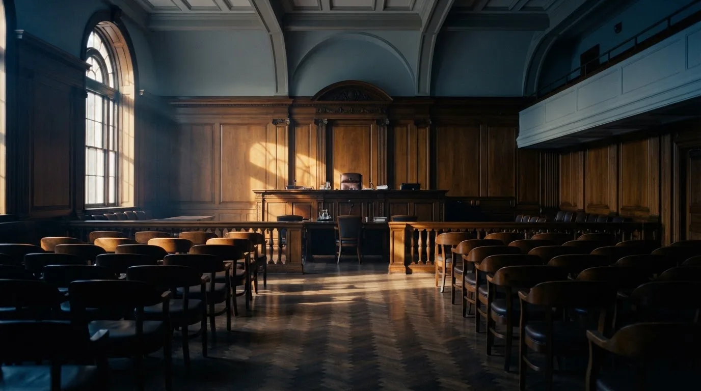 Sala de tribunal vazia com painéis de madeira, à luz da manhã — blackjack ao vivo em portugal