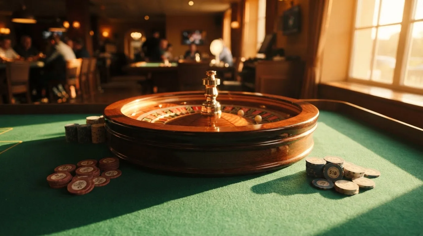 Roda de roleta e fichas sobre feltro verde, sob uma luz quente de fim de tarde — blackjack ao vivo em portugal