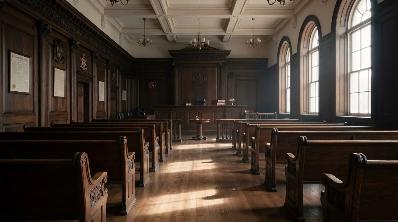 Sala de tribunal vazia com painéis de madeira, à luz da manhã — blackjack casinos em portugal