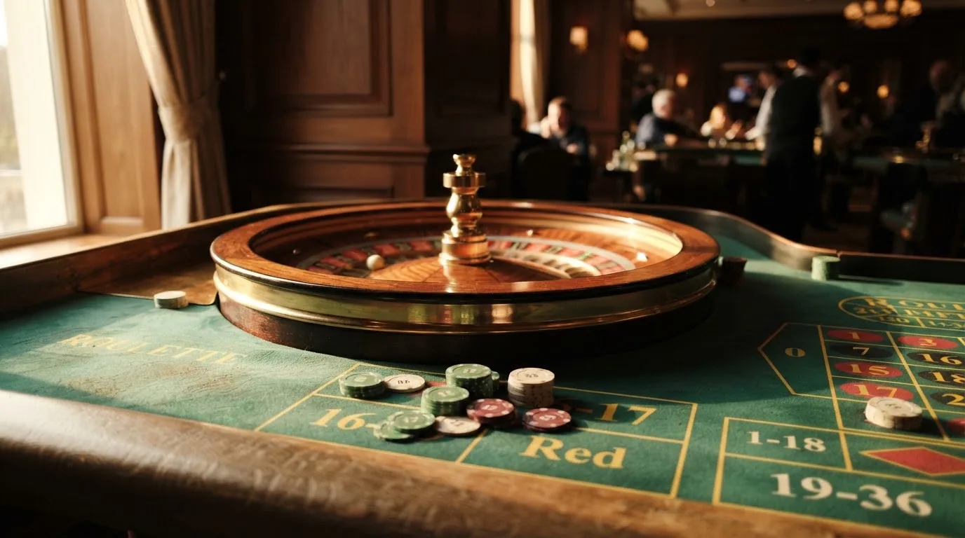 Roda de roleta e fichas sobre feltro verde, sob uma luz quente de fim de tarde — blackjack casinos em portugal