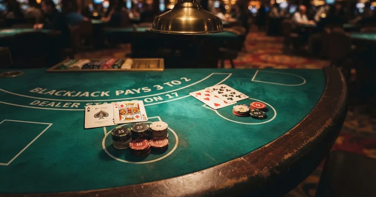 Mesa de jogo iluminada com cartas, vista de cima — blackjack casinos em portugal