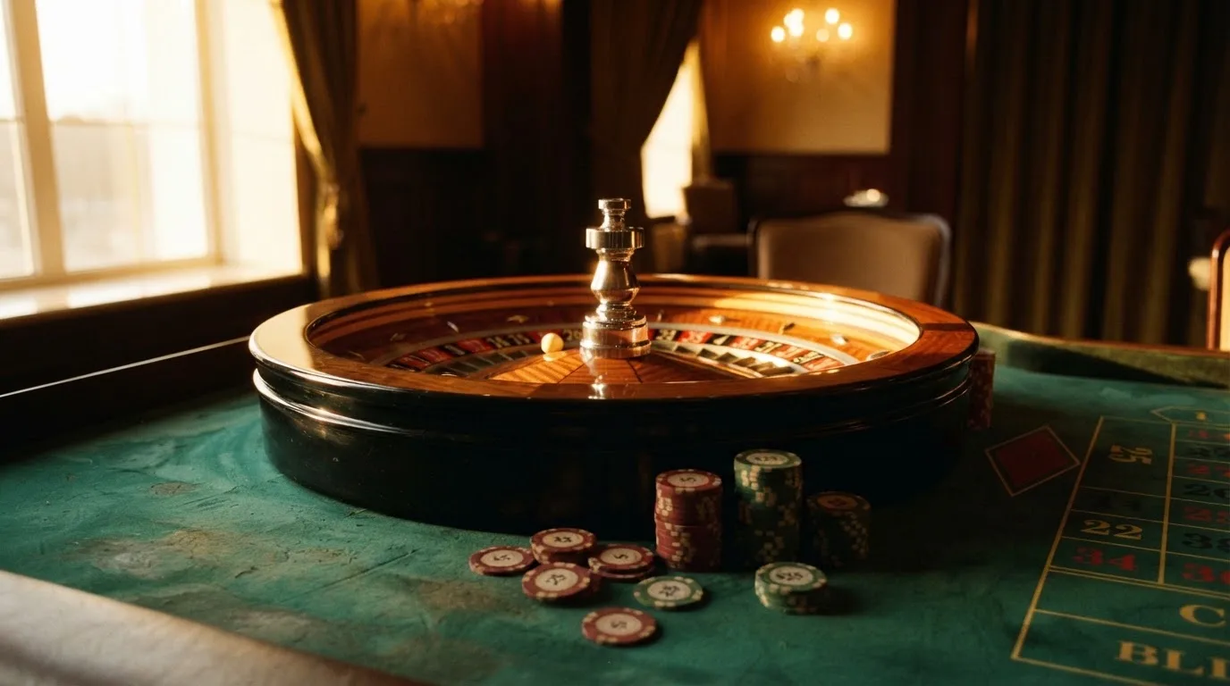 Roda de roleta e fichas sobre feltro verde, sob uma luz quente de fim de tarde — blackjack online casino em portugal