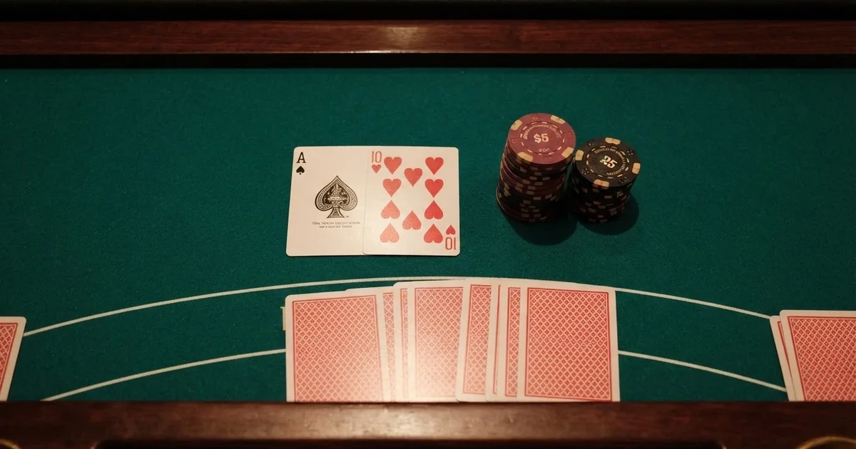 Mesa de jogo iluminada com cartas, vista de cima — blackjack online casino em portugal