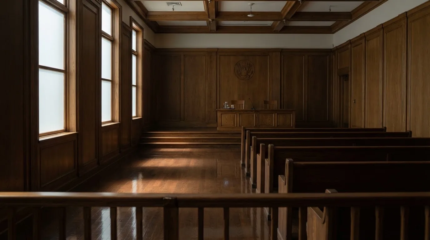 Sala de tribunal vazia com painéis de madeira, à luz da manhã — caça-níqueis em casinos portugueses
