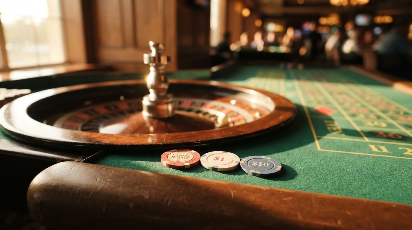 Roda de roleta e fichas sobre feltro verde, sob uma luz quente de fim de tarde — caça-níqueis em casinos portugueses