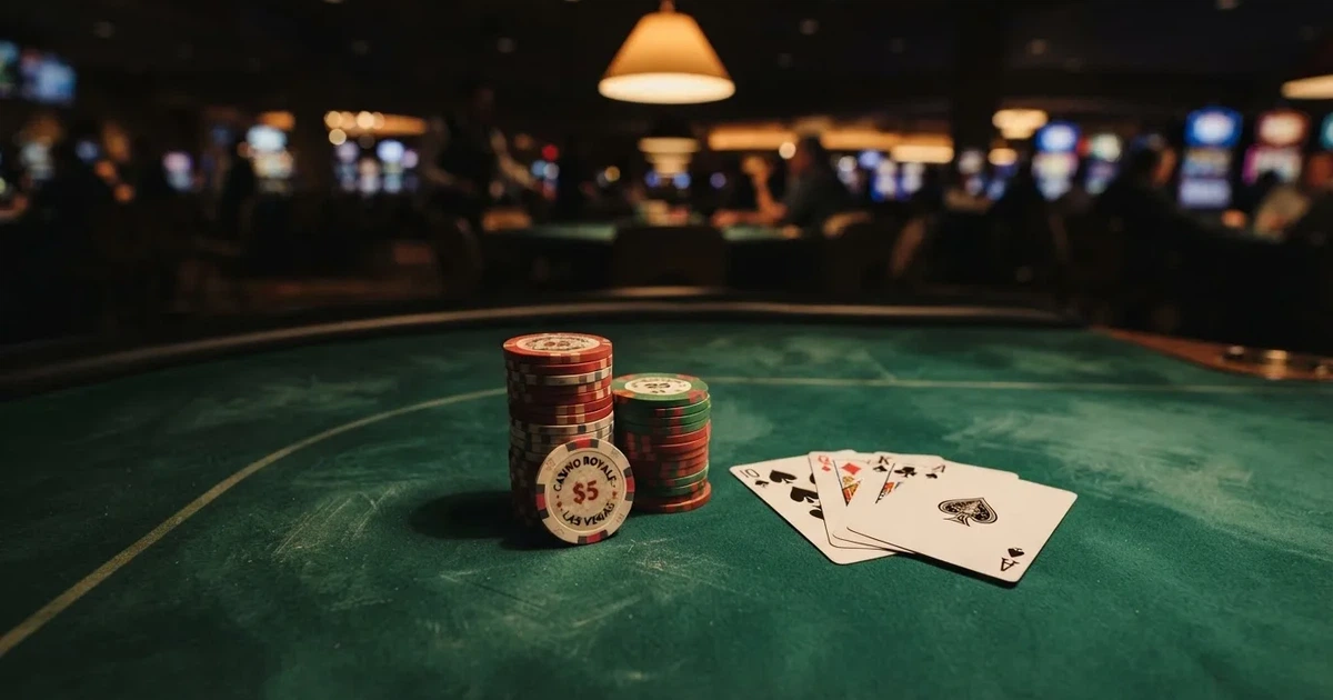 Mesa de jogo iluminada com cartas, vista de cima — caça-níqueis em casinos portugueses