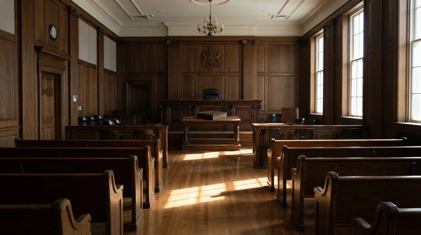 Sala de tribunal vazia com painéis de madeira, à luz da manhã — caça-níqueis grátis em portugal