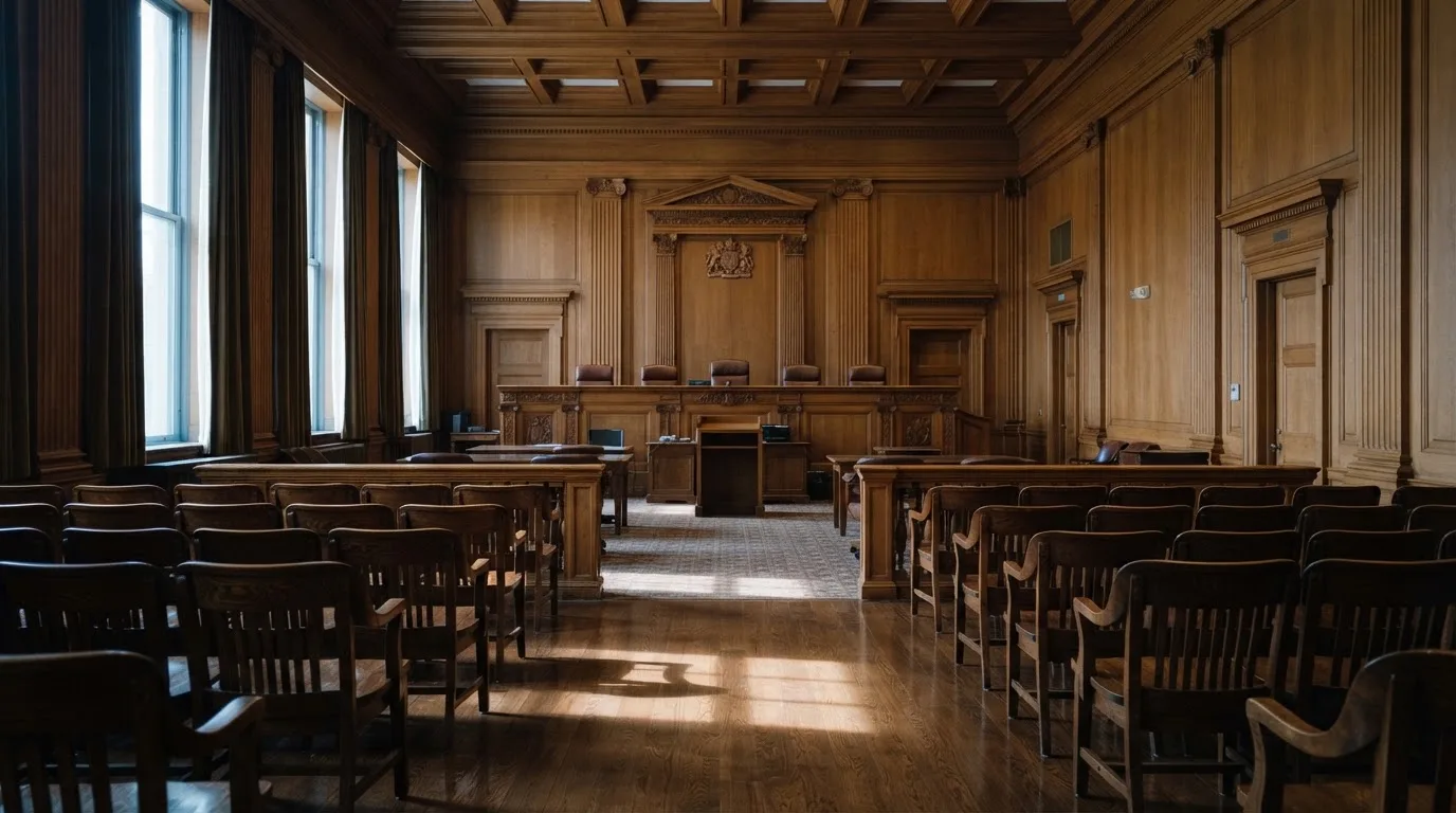 Sala de tribunal vazia com painéis de madeira, à luz da manhã — casino apostas em portugal