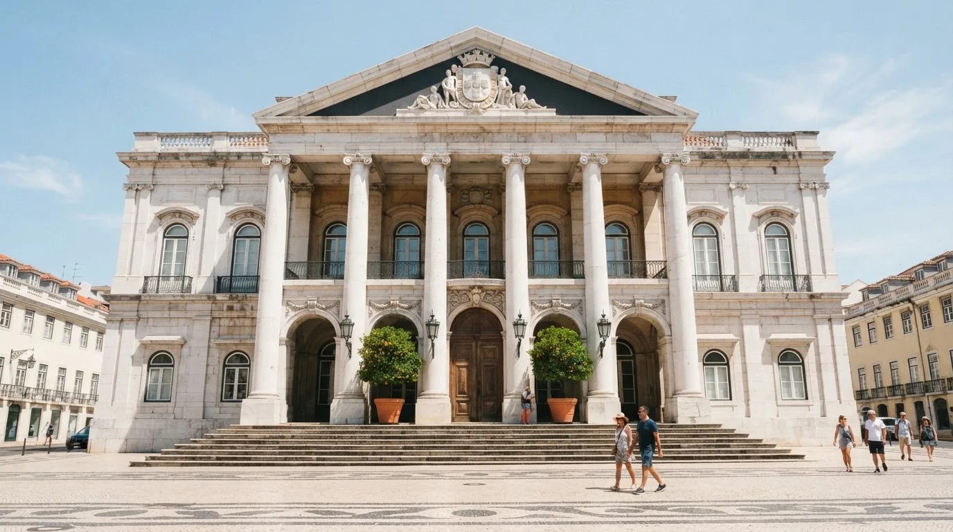 Edifício de arquitetura clássica com colunas brancas num largo lisboeta, pessoas ao longe, luz do meio-dia.