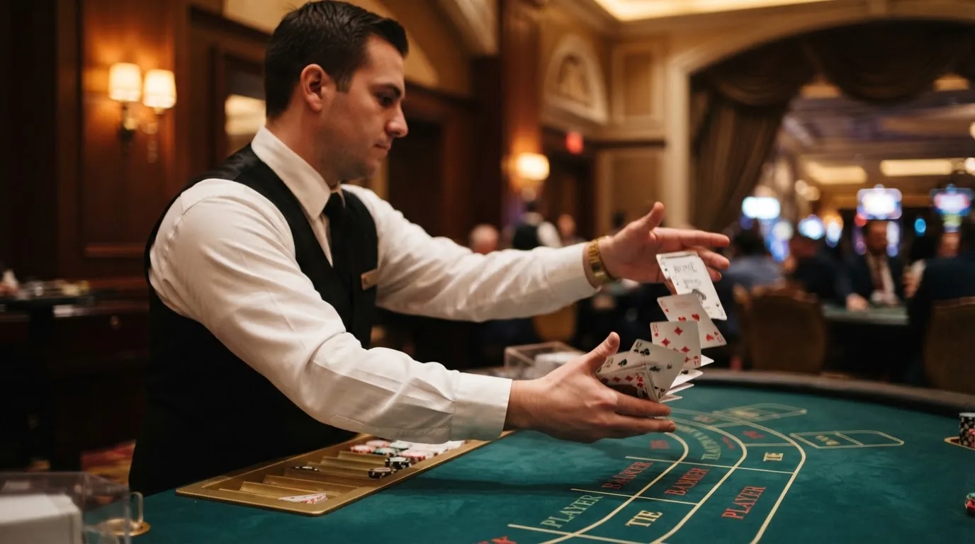 Croupier de gravata a baralhar cartas com destreza, vista lateral, fundo desfocado de um salão de casino em Portugal.