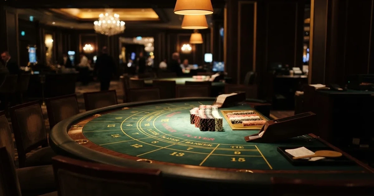 Mesa semicircular de bacará num casino elegante, com feltro verde e lugares vazios, iluminação dourada e fichas arrumadas por cores.