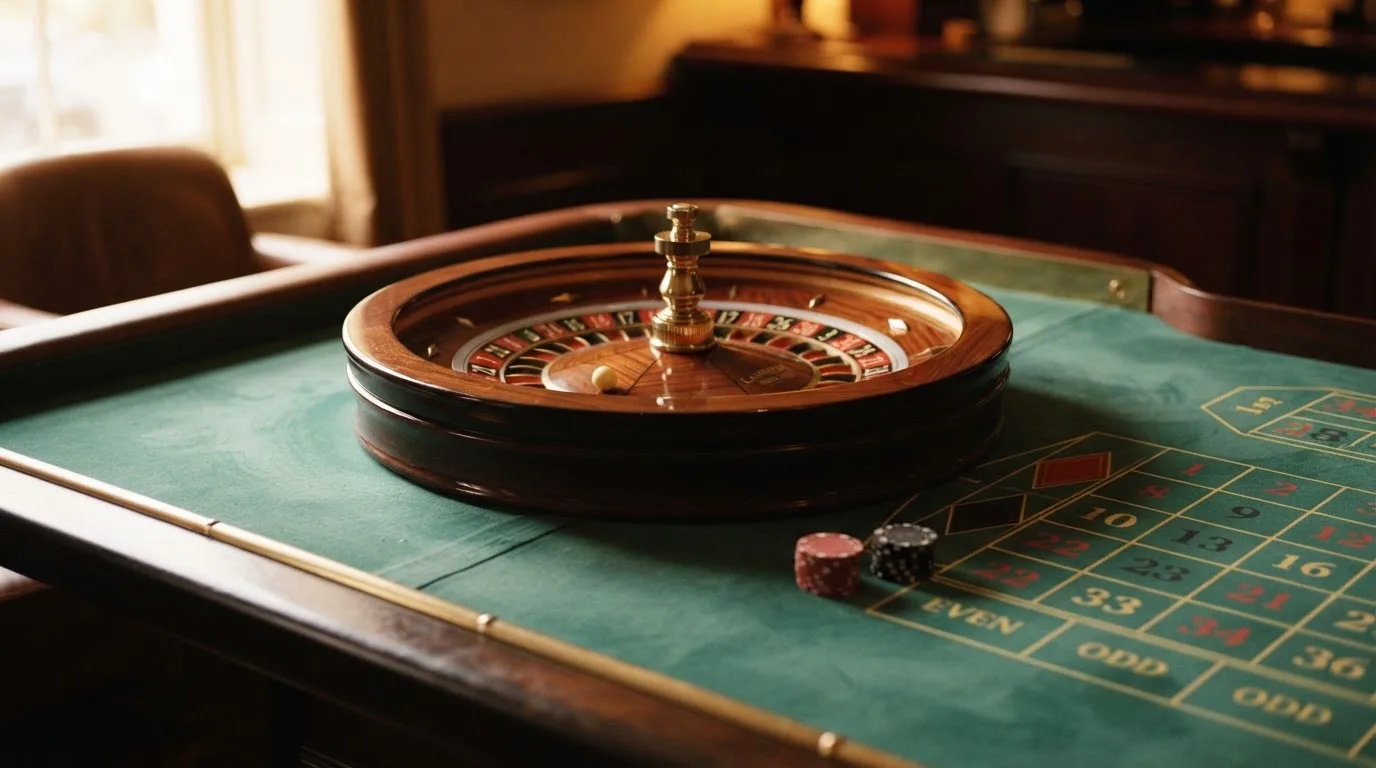 Roda de roleta e fichas sobre feltro verde, sob uma luz quente de fim de tarde — casino com bingo em portugal