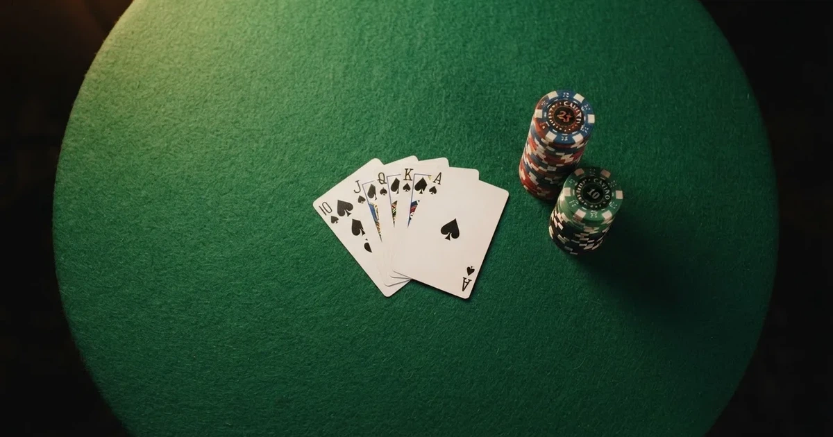 Mesa de jogo iluminada com cartas, vista de cima — casino com bingo em portugal
