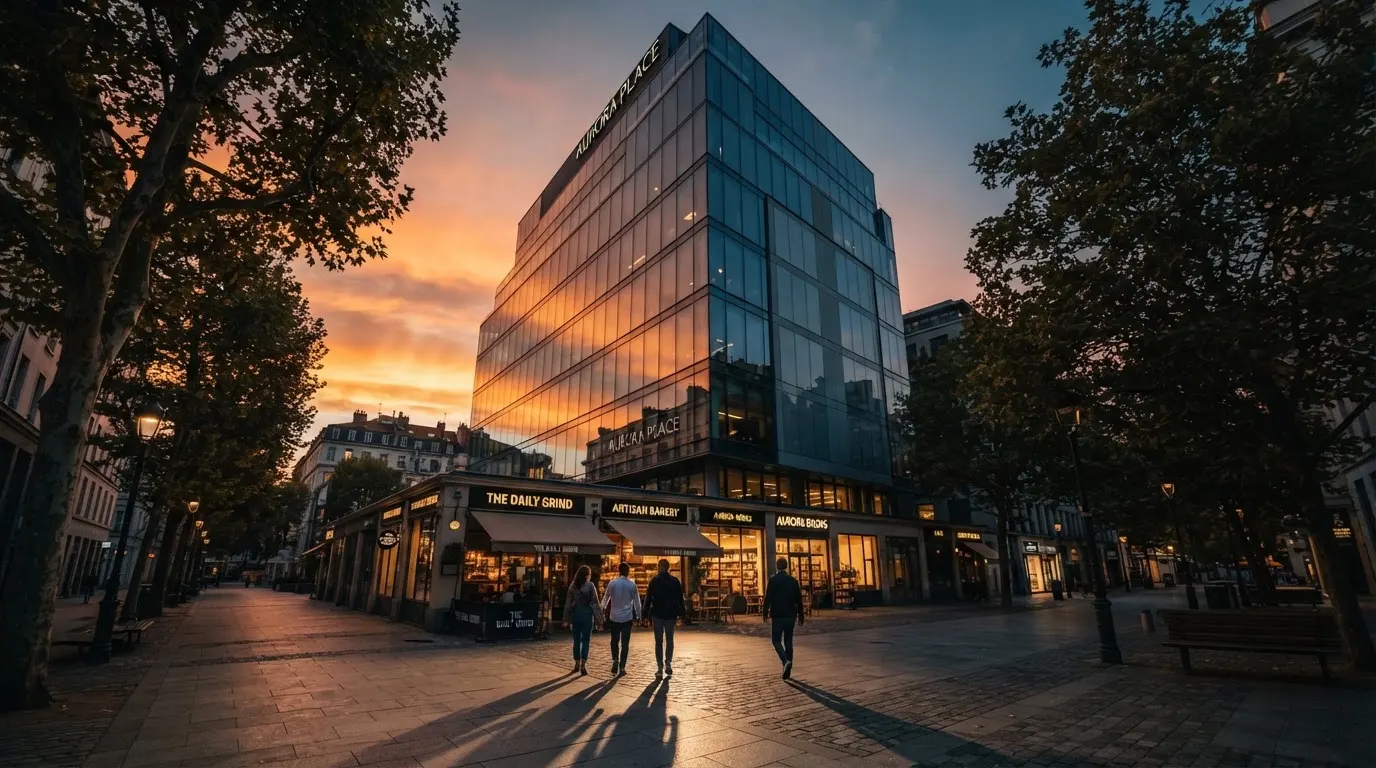 Edifício de escritórios com fachada de vidro ao entardecer, reflexo do céu cor-de-laranja e uma rua tranquila em primeiro plano.