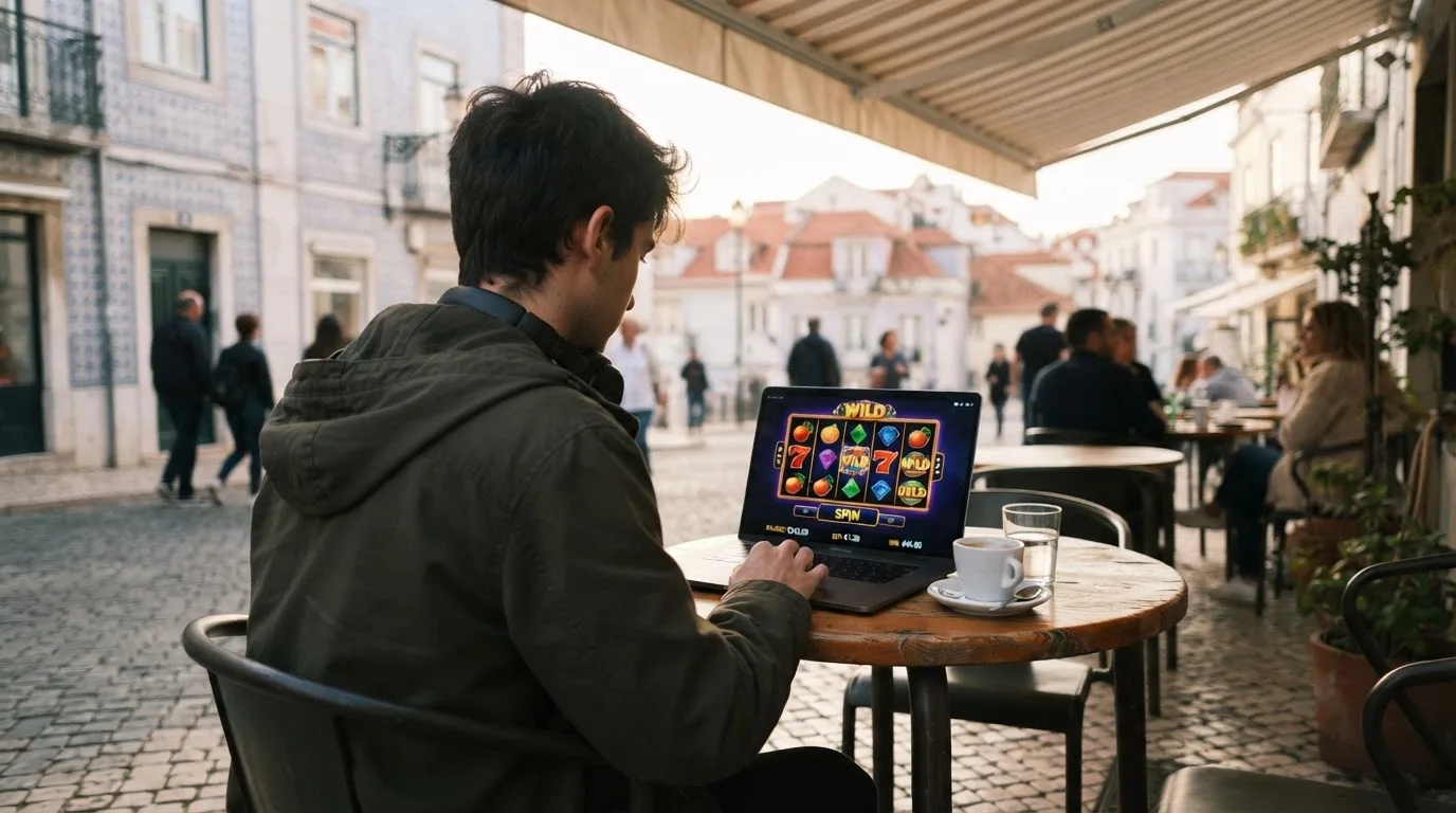 Jovem a trabalhar num café com portátil e auscultadores ao pescoço, esplanada de Lisboa ao fundo, luz suave.