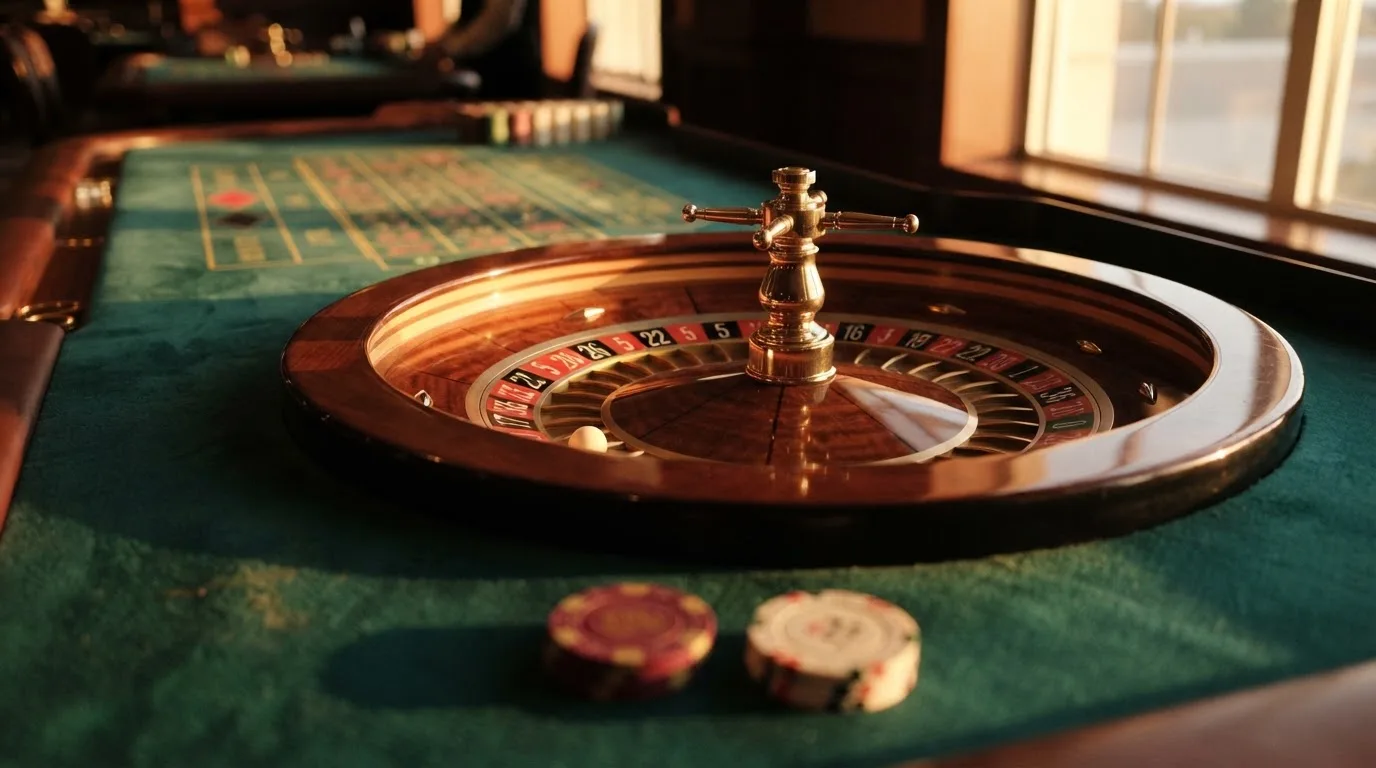 Roda de roleta e fichas sobre feltro verde, sob uma luz quente de fim de tarde — casino com bônus no cadastro pt