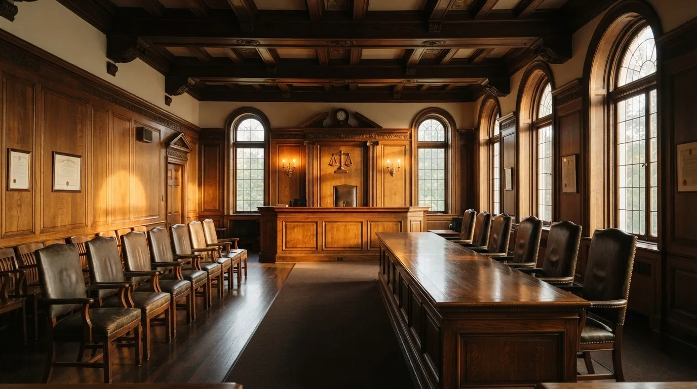 Sala de tribunal vazia com painéis de madeira, à luz da manhã — casino com dinheiro em portugal