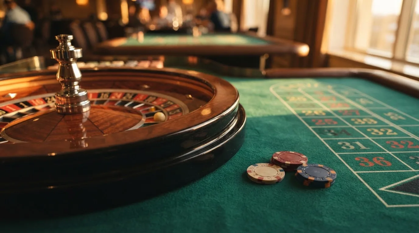 Roda de roleta e fichas sobre feltro verde, sob uma luz quente de fim de tarde — casino com dinheiro em portugal