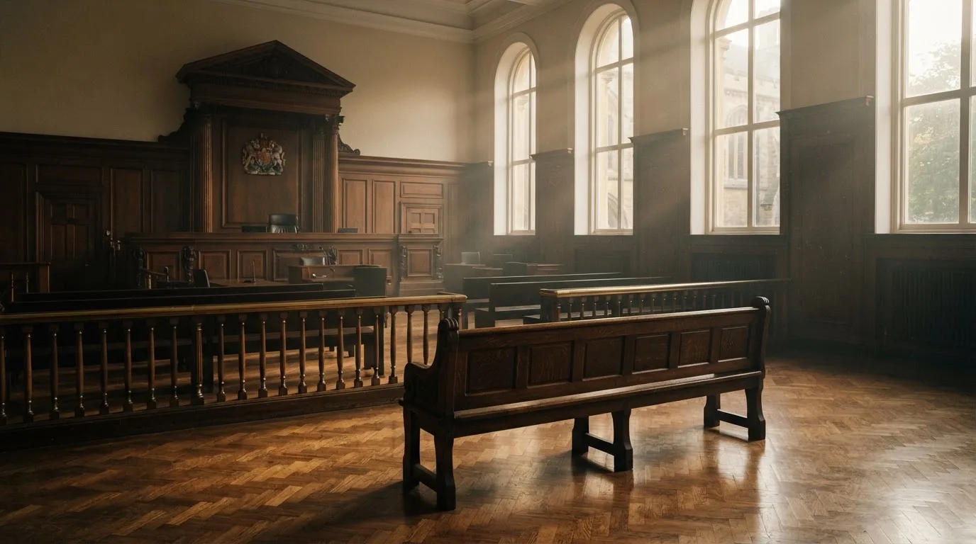 Sala de tribunal vazia com painéis de madeira, à luz da manhã — casino com ethereum em portugal