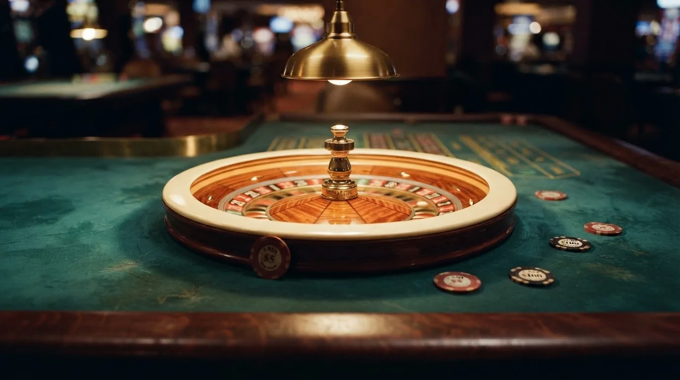 Roda de roleta e fichas sobre feltro verde, sob uma luz quente de fim de tarde — casino com ethereum em portugal