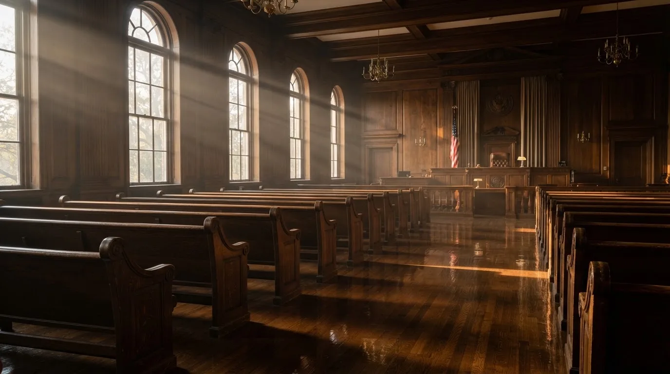 Sala de tribunal vazia com painéis de madeira, à luz da manhã — casino com free spins em portugal