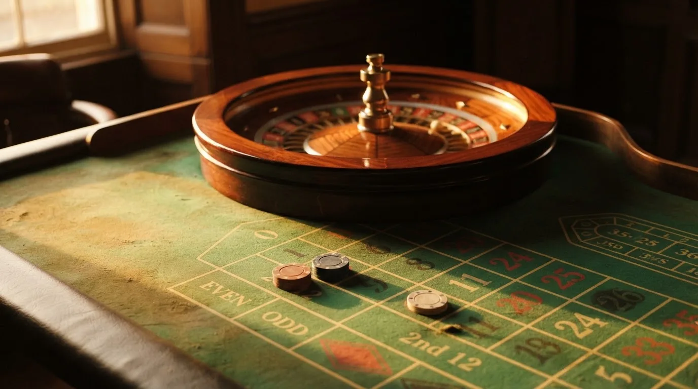 Roda de roleta e fichas sobre feltro verde, sob uma luz quente de fim de tarde — casino com free spins em portugal