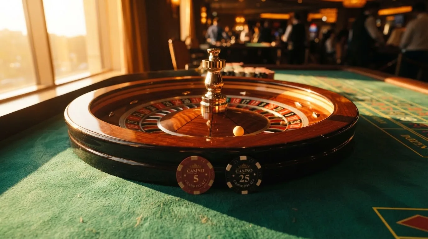 Roda de roleta e fichas sobre feltro verde, sob uma luz quente de fim de tarde — casino com grátis spins pt