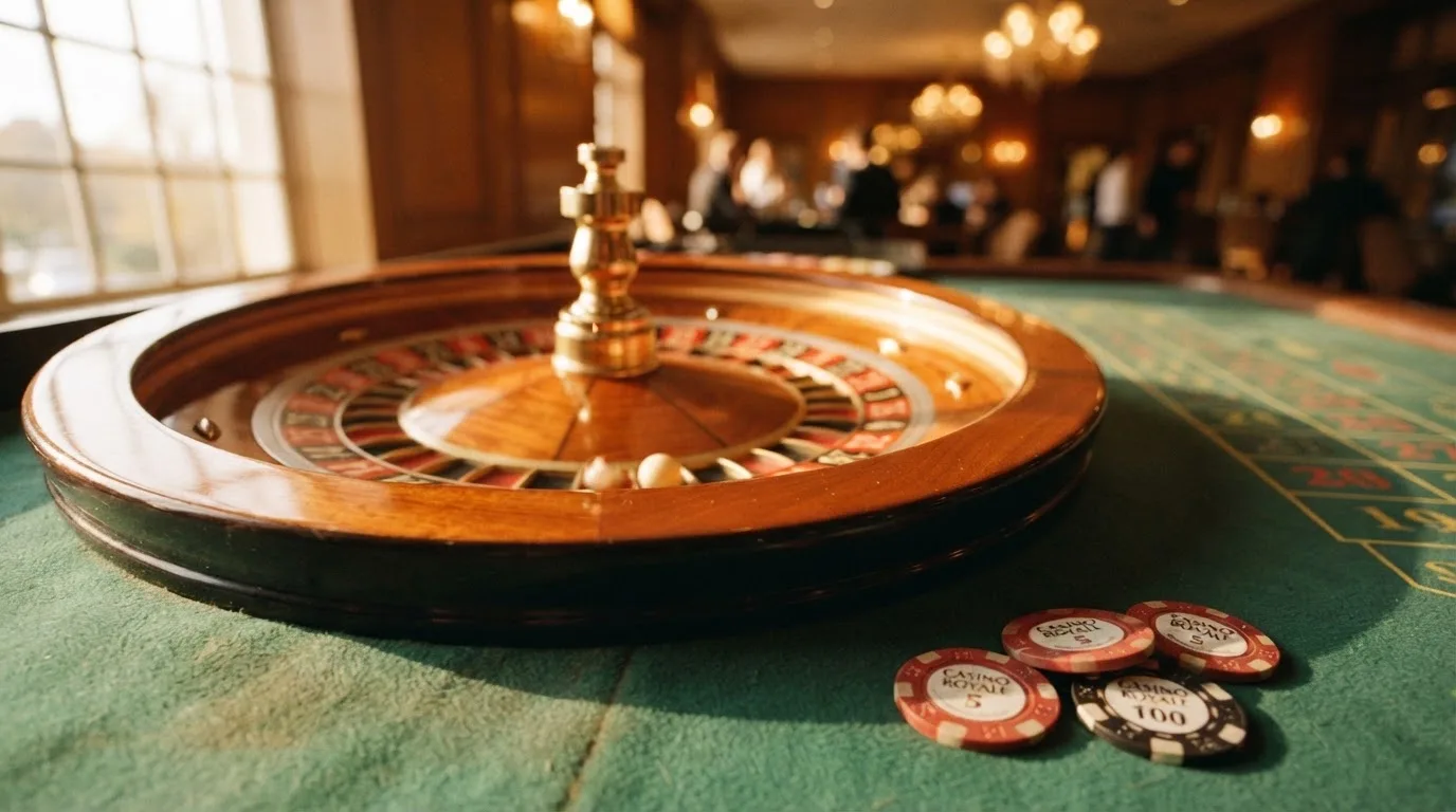 Roda de roleta e fichas sobre feltro verde, sob uma luz quente de fim de tarde — casino com levantamento pt