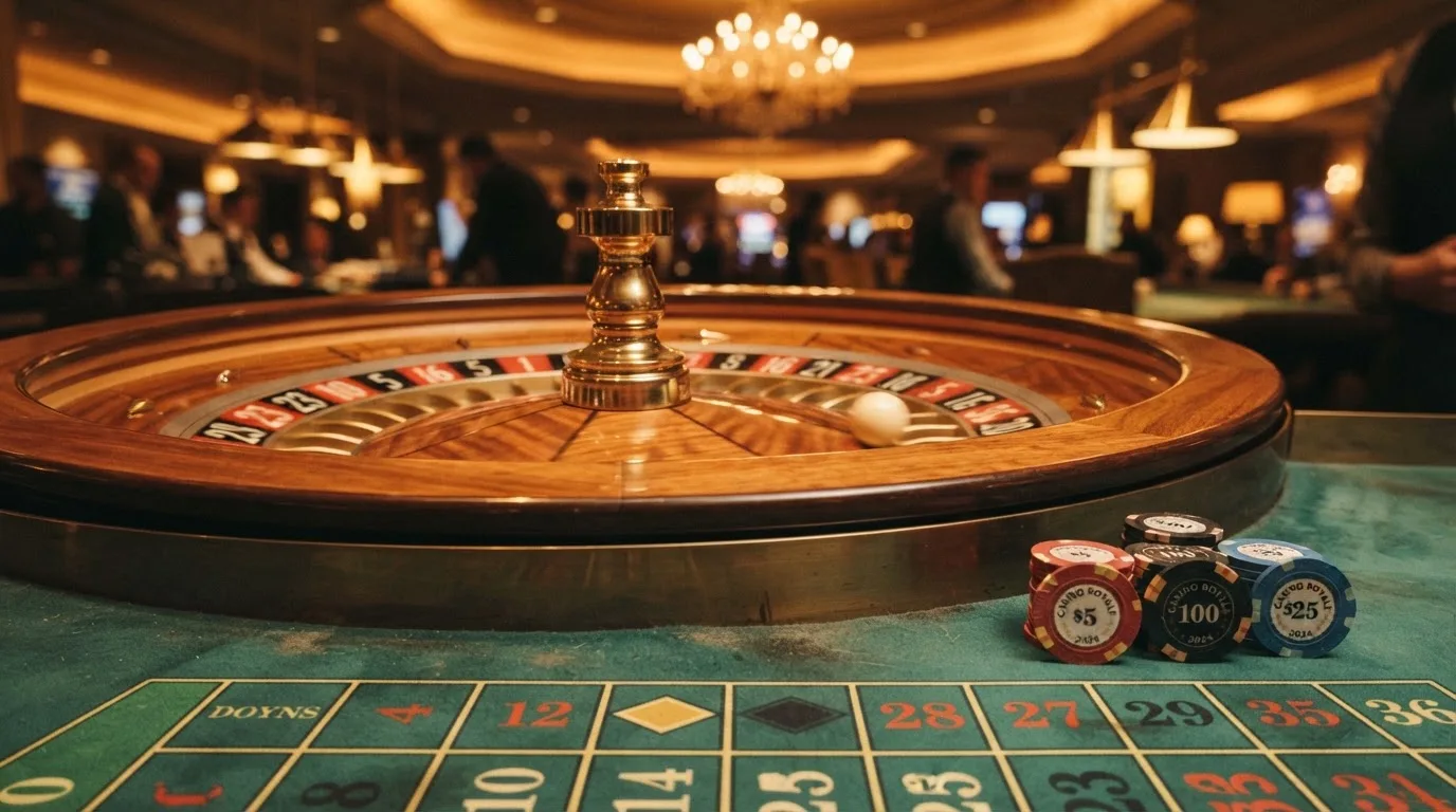 Roda de roleta e fichas sobre feltro verde, sob uma luz quente de fim de tarde — casino com litecoin em portugal