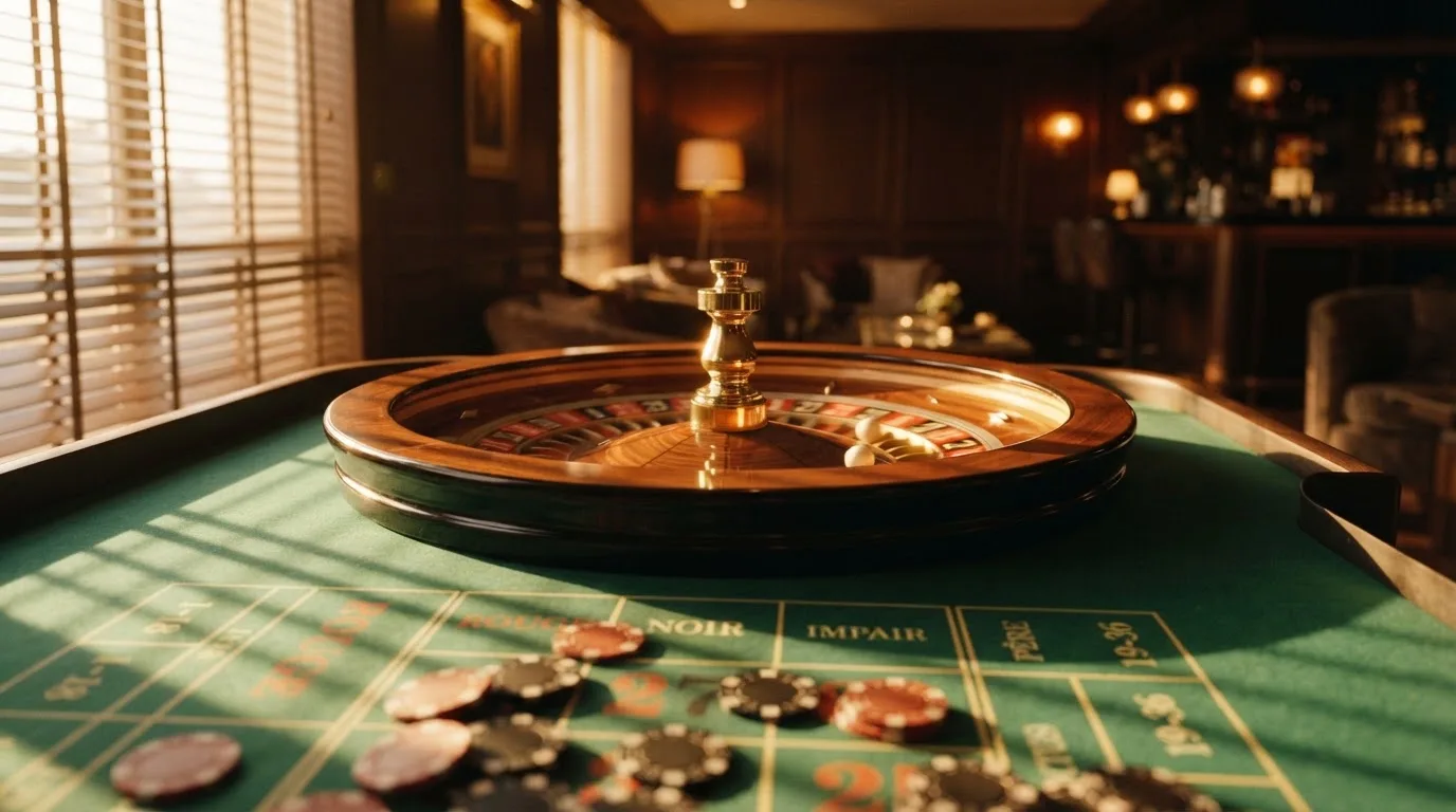 Roda de roleta e fichas sobre feltro verde, sob uma luz quente de fim de tarde — casino com solana em portugal