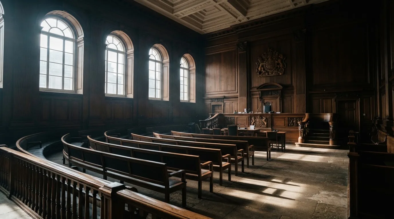 Sala de tribunal vazia com painéis de madeira, à luz da manhã — casino com tether em portugal