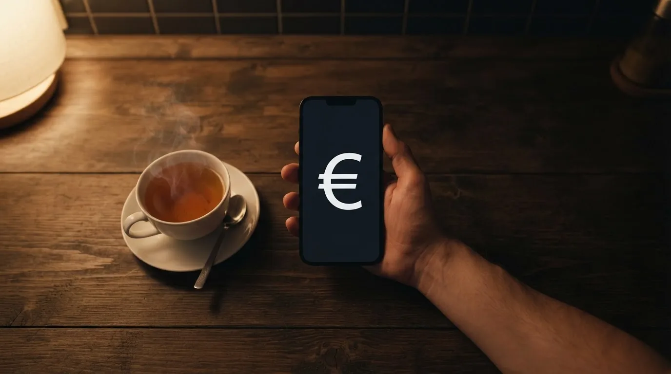Mão a segurar um telemóvel ao lado de uma chávena de chá numa mesa de cozinha, numa noite tranquila — casino é confiável em portugal