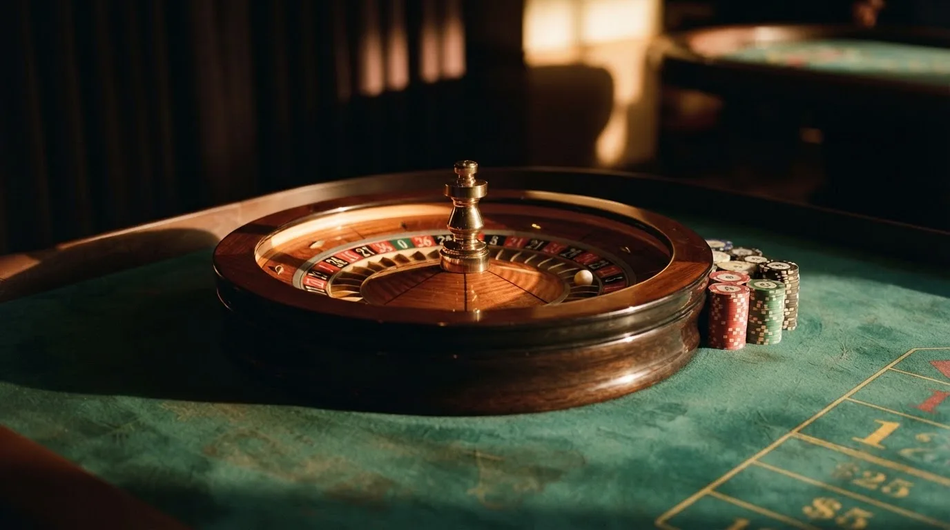 Roda de roleta e fichas sobre feltro verde, sob uma luz quente de fim de tarde — casino é confiável em portugal