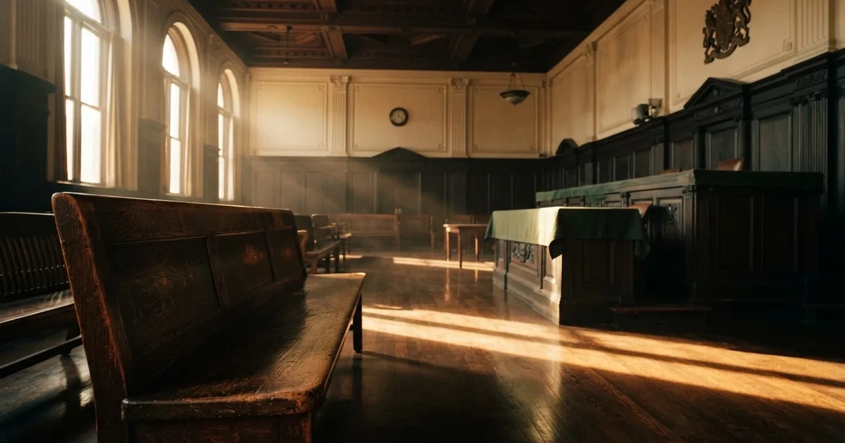 Sala de tribunal vazia com painéis de madeira, à luz da manhã — casino é confiável em portugal