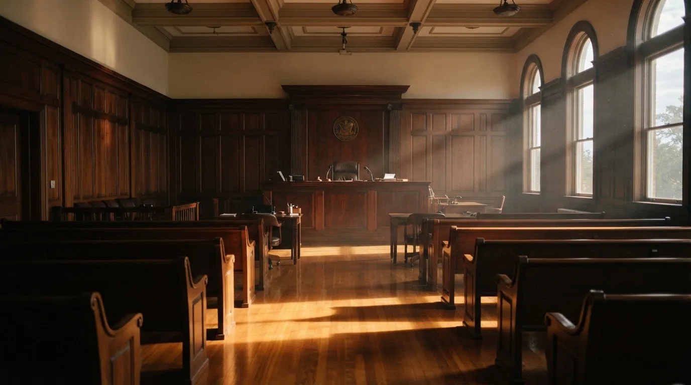 Sala de tribunal vazia com painéis de madeira, à luz da manhã — casino pagamentos em portugal