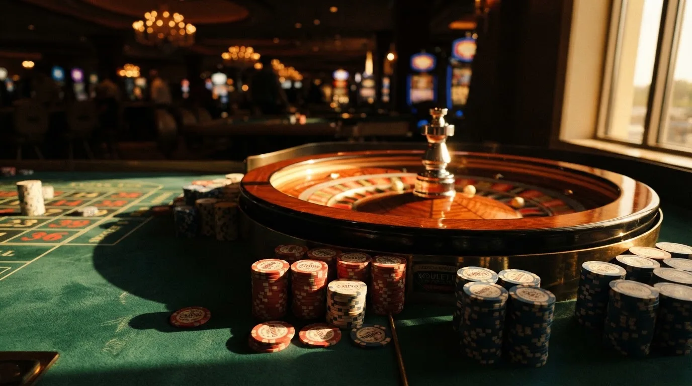 Roda de roleta e fichas sobre feltro verde, sob uma luz quente de fim de tarde — casino pagamentos em portugal