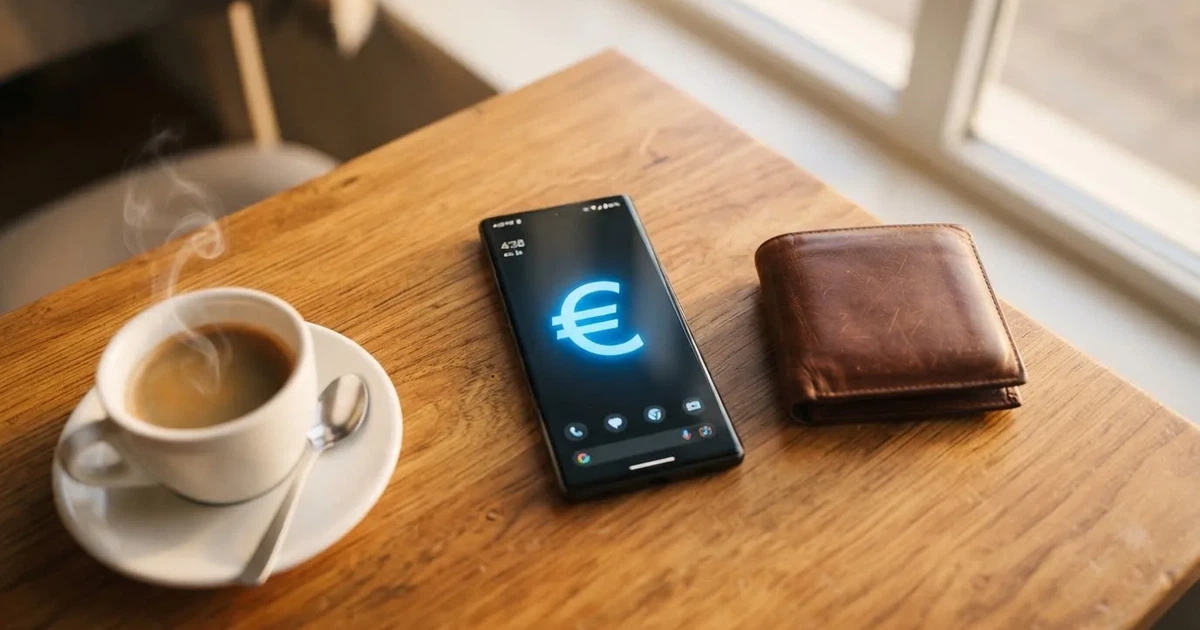 Telemóvel numa mesa de madeira ao lado de uma carteira e de uma chávena de café — casino pagamentos em portugal