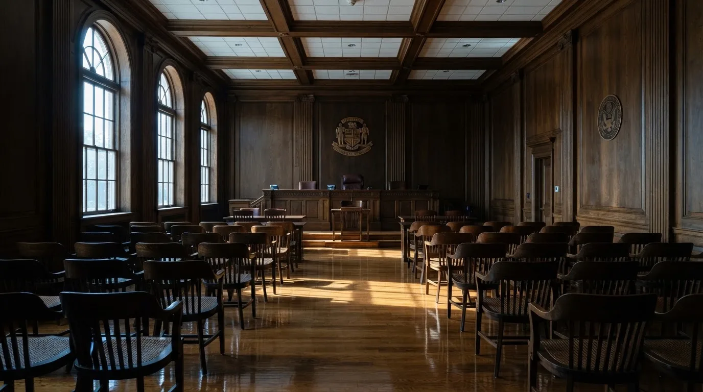 Sala de tribunal vazia com painéis de madeira, à luz da manhã — casino slots portugues