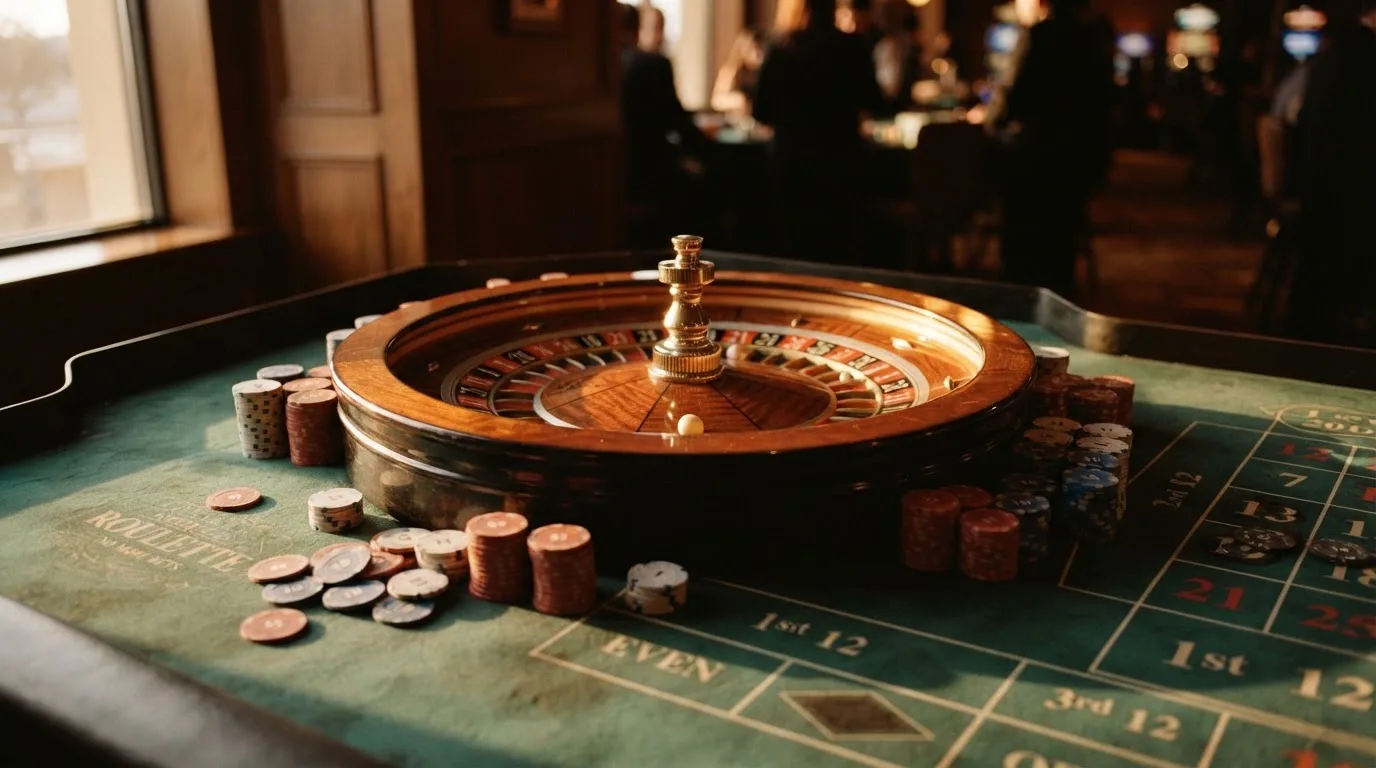 Roda de roleta e fichas sobre feltro verde, sob uma luz quente de fim de tarde — casino slots portugues