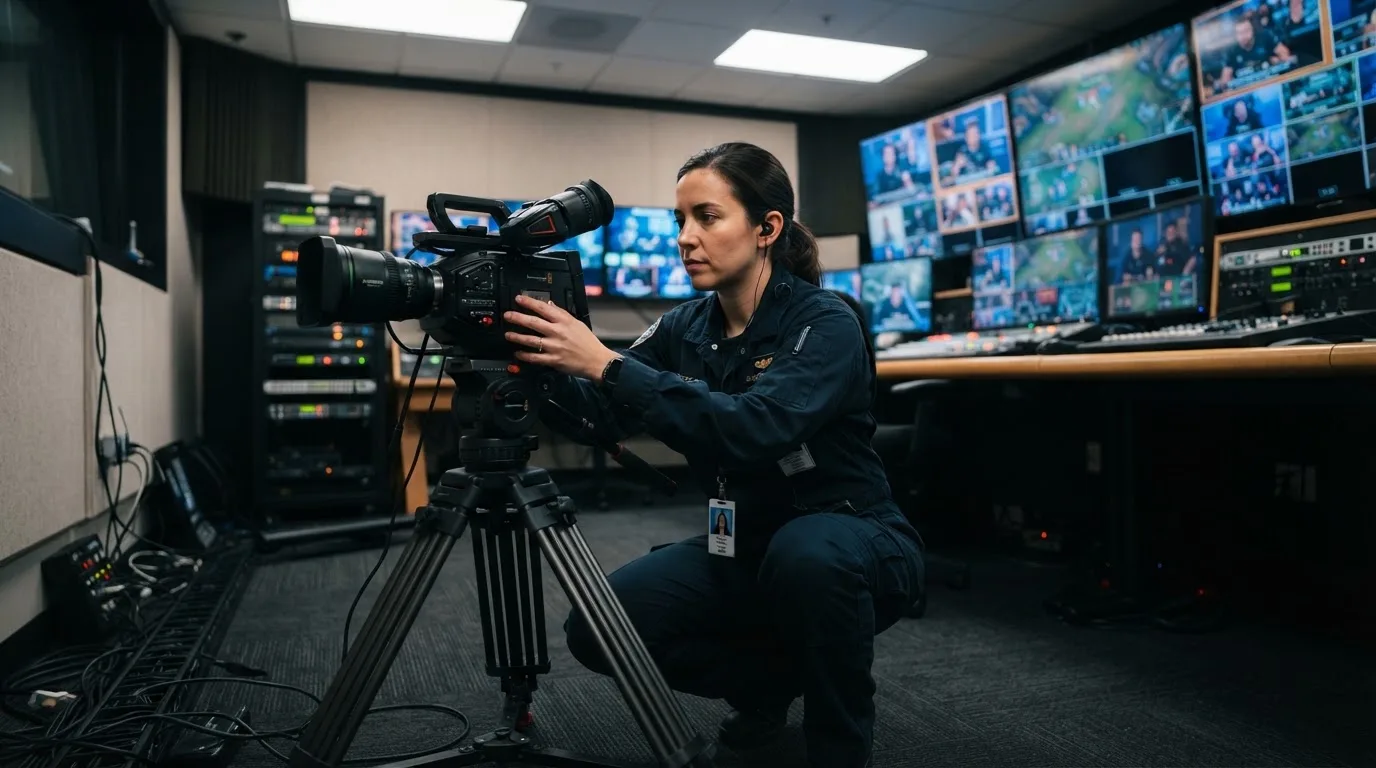 Técnico de uniforme escuro a verificar câmaras e equipamento numa sala de controlo de um estúdio de televisão, com vários monitores desfocados.
