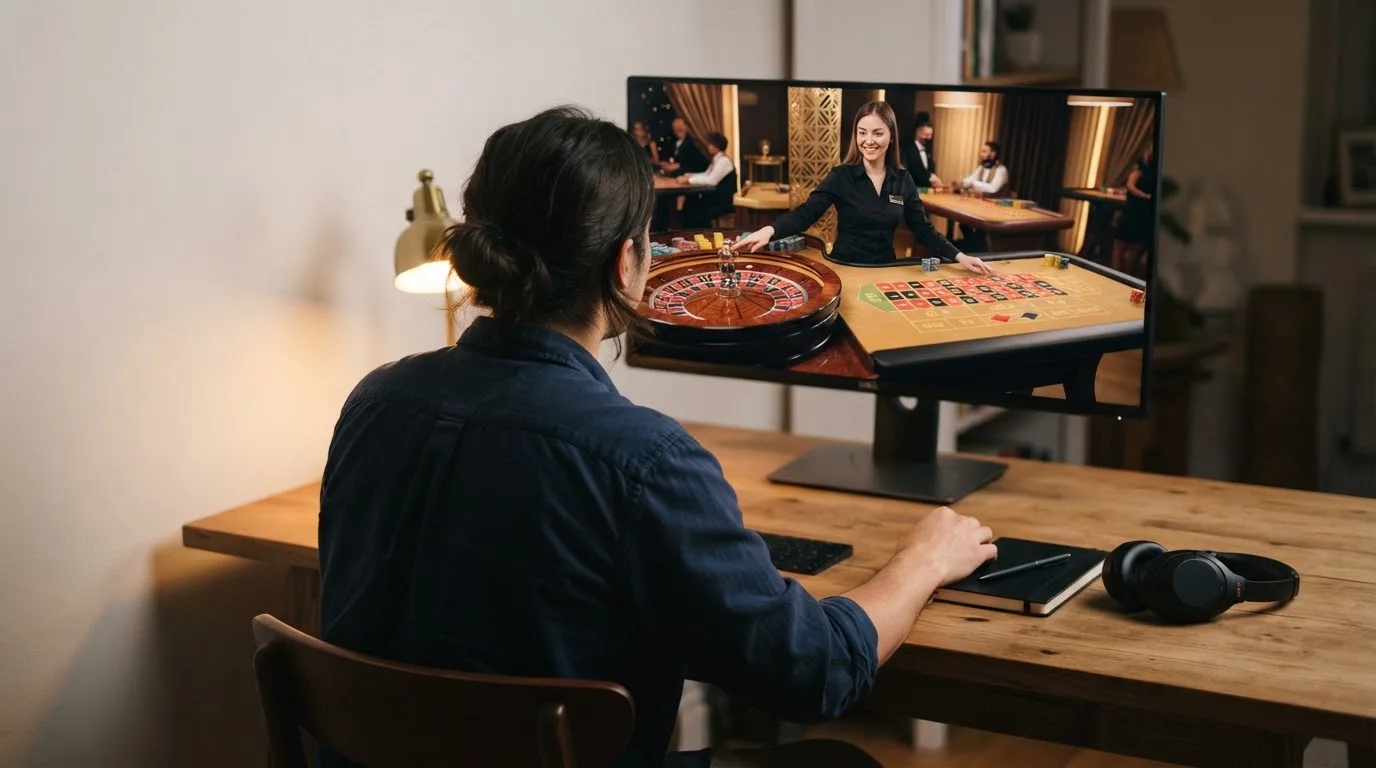 Pessoa sentada à secretária a ver um estúdio de casino em direto num monitor largo, com auscultadores e um caderno fechado ao lado.