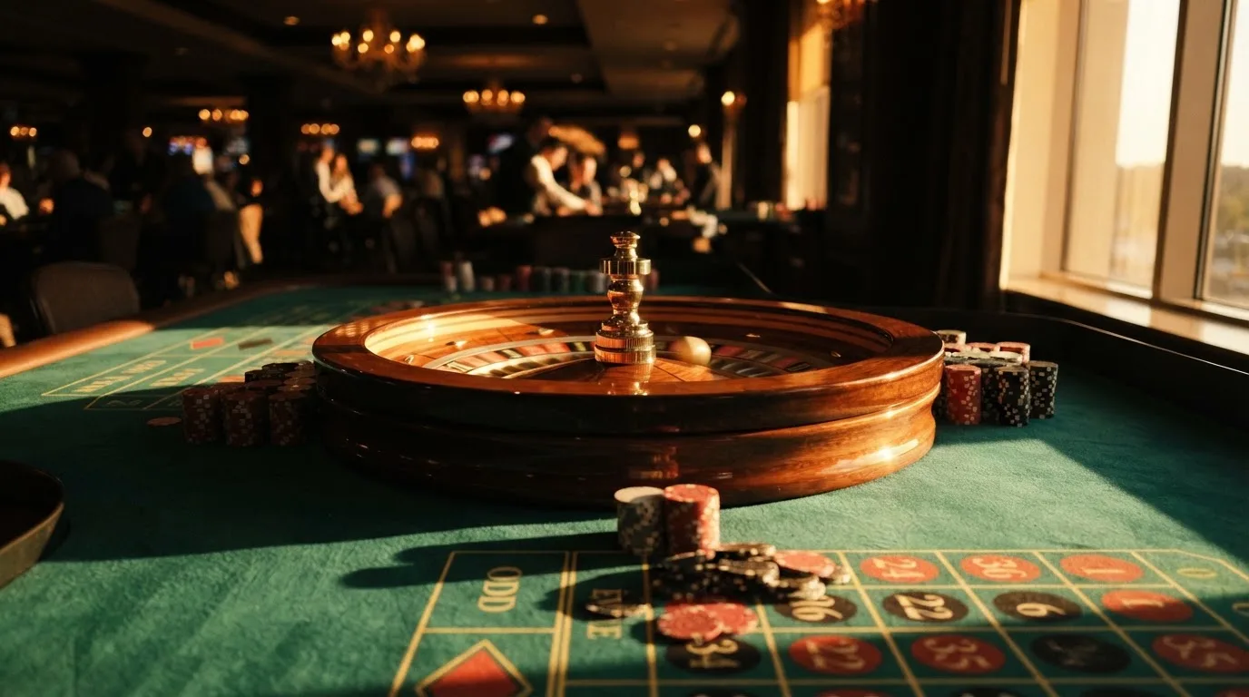 Roda de roleta e fichas sobre feltro verde, sob uma luz quente de fim de tarde — casinos com apple pay em portugal
